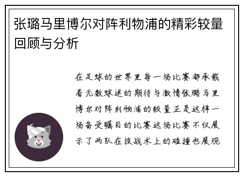 张璐马里博尔对阵利物浦的精彩较量回顾与分析